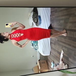 Red midi criss cross high neck body con dress